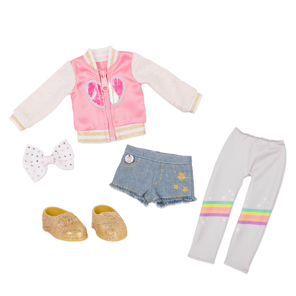 Heart jacket and rainbow leggings for 14-inch doll