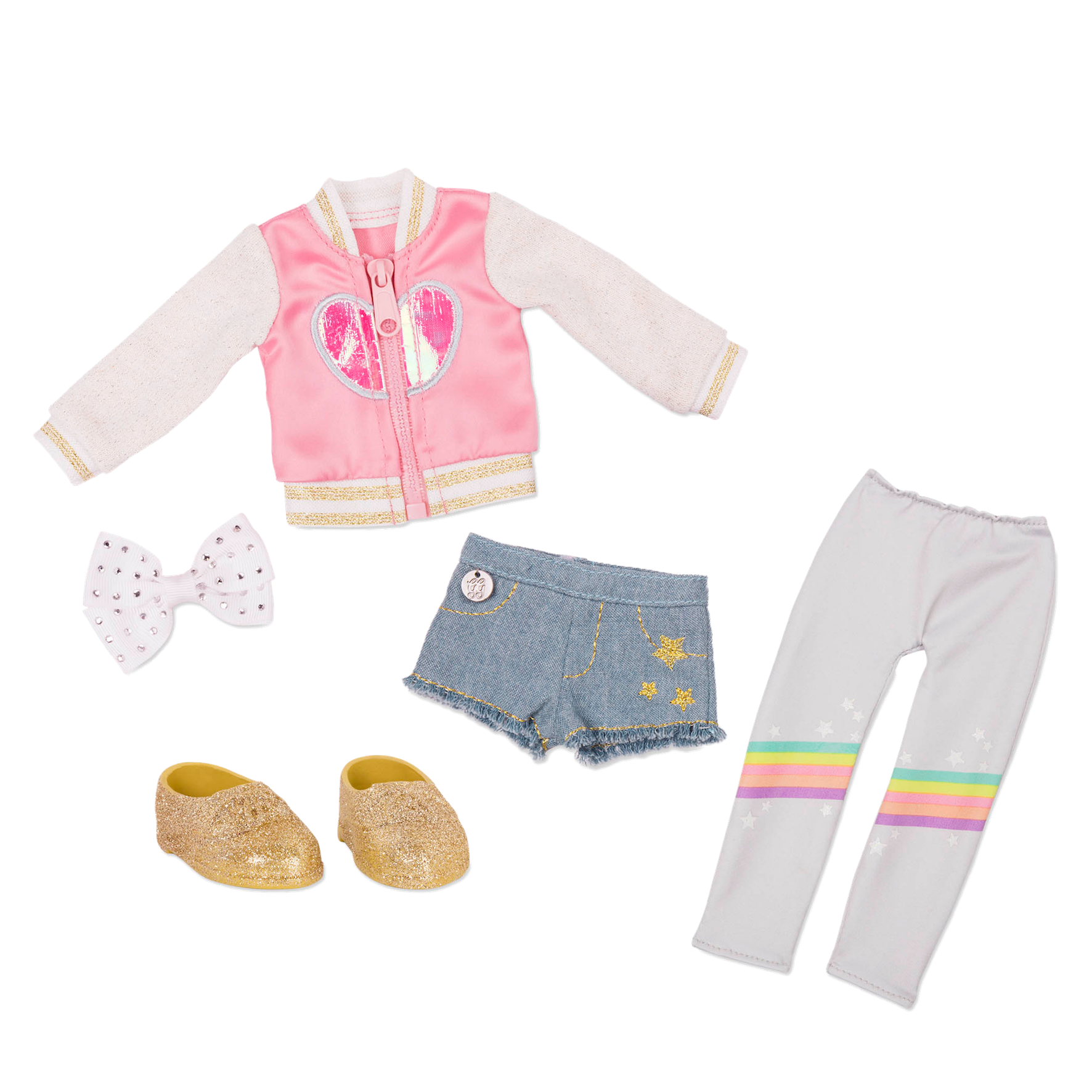 Heart jacket and rainbow leggings for 14-inch doll