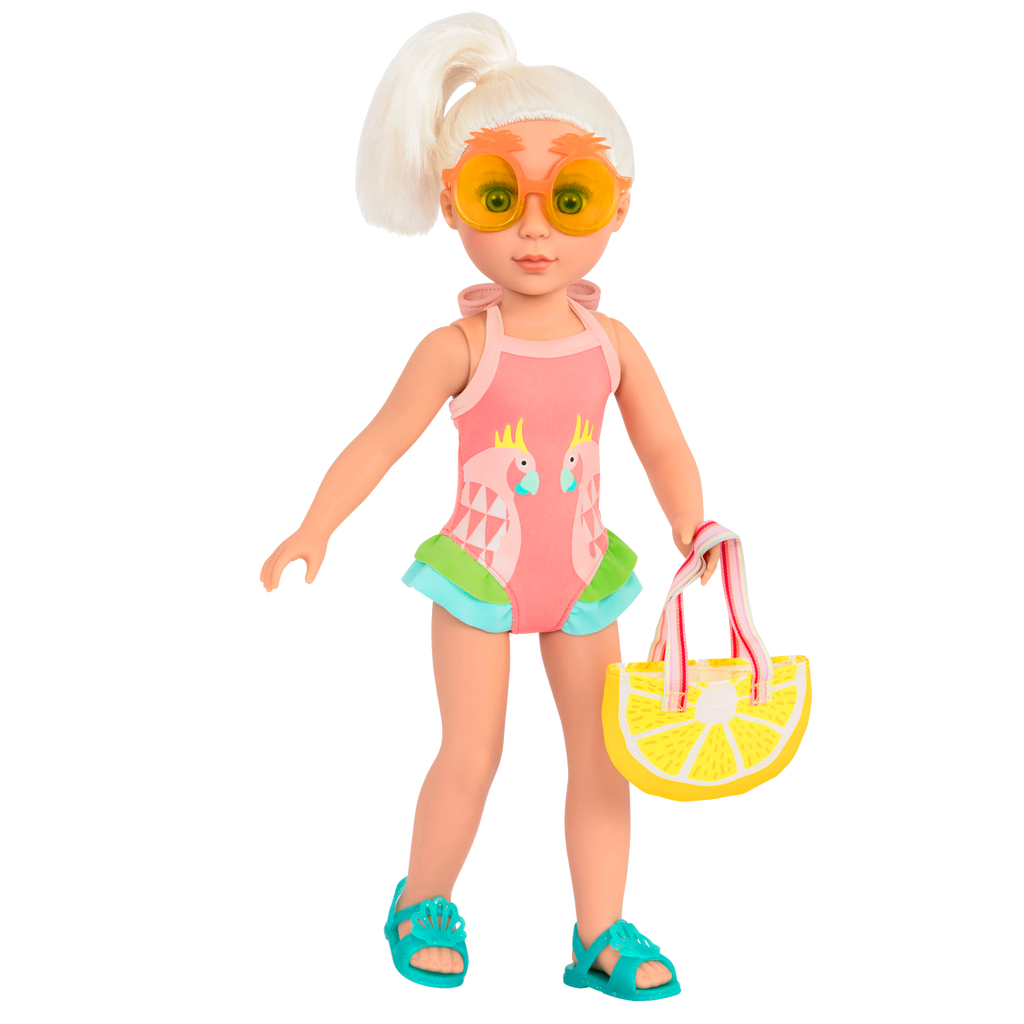 Parrot swimsuit with lemon tote bag for 14-inch doll