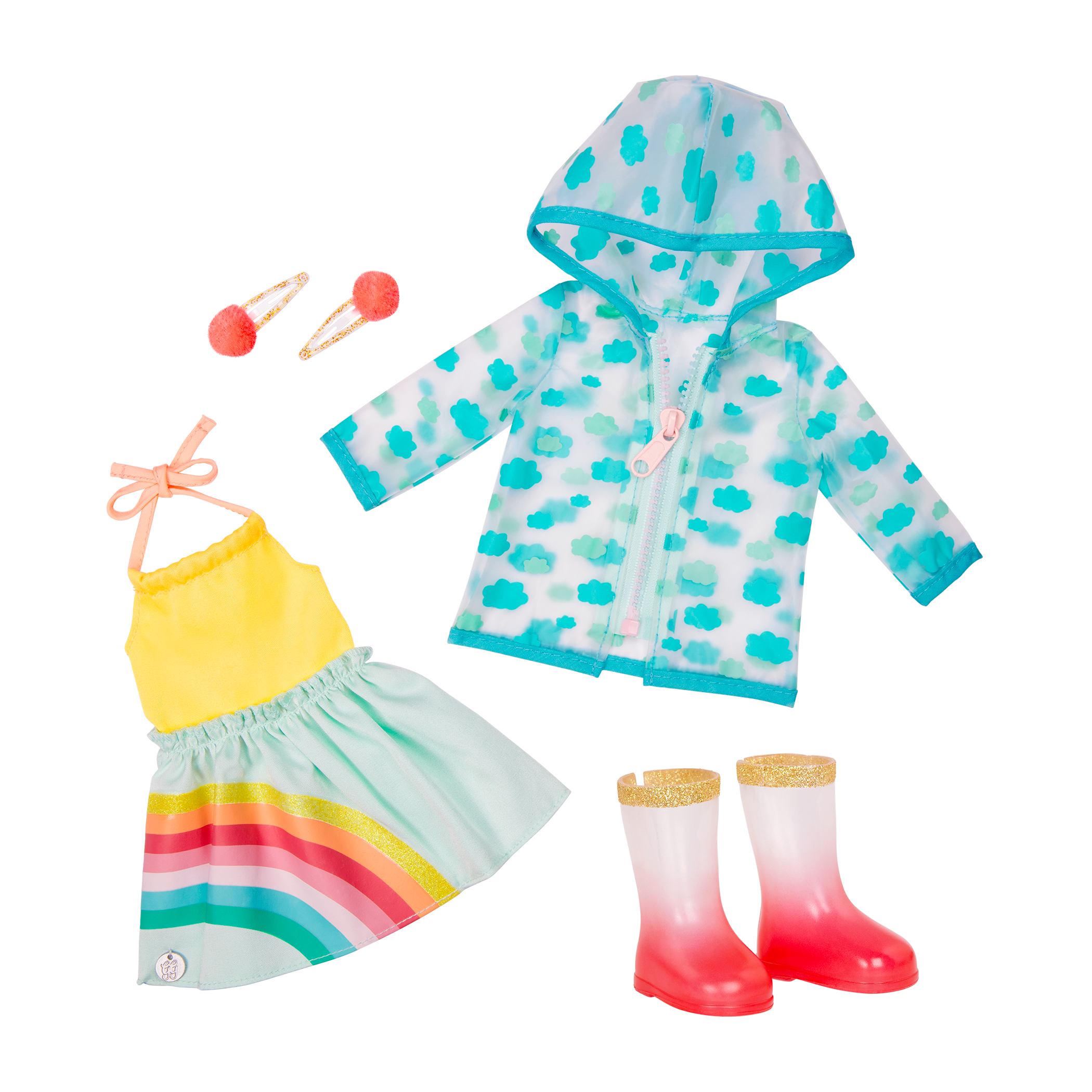 Raincoat, dress and boots for 14-inch doll