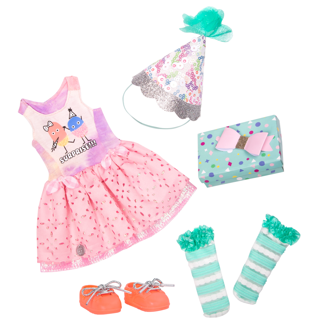 Surprise birthday outfit with gift for 14-inch doll
