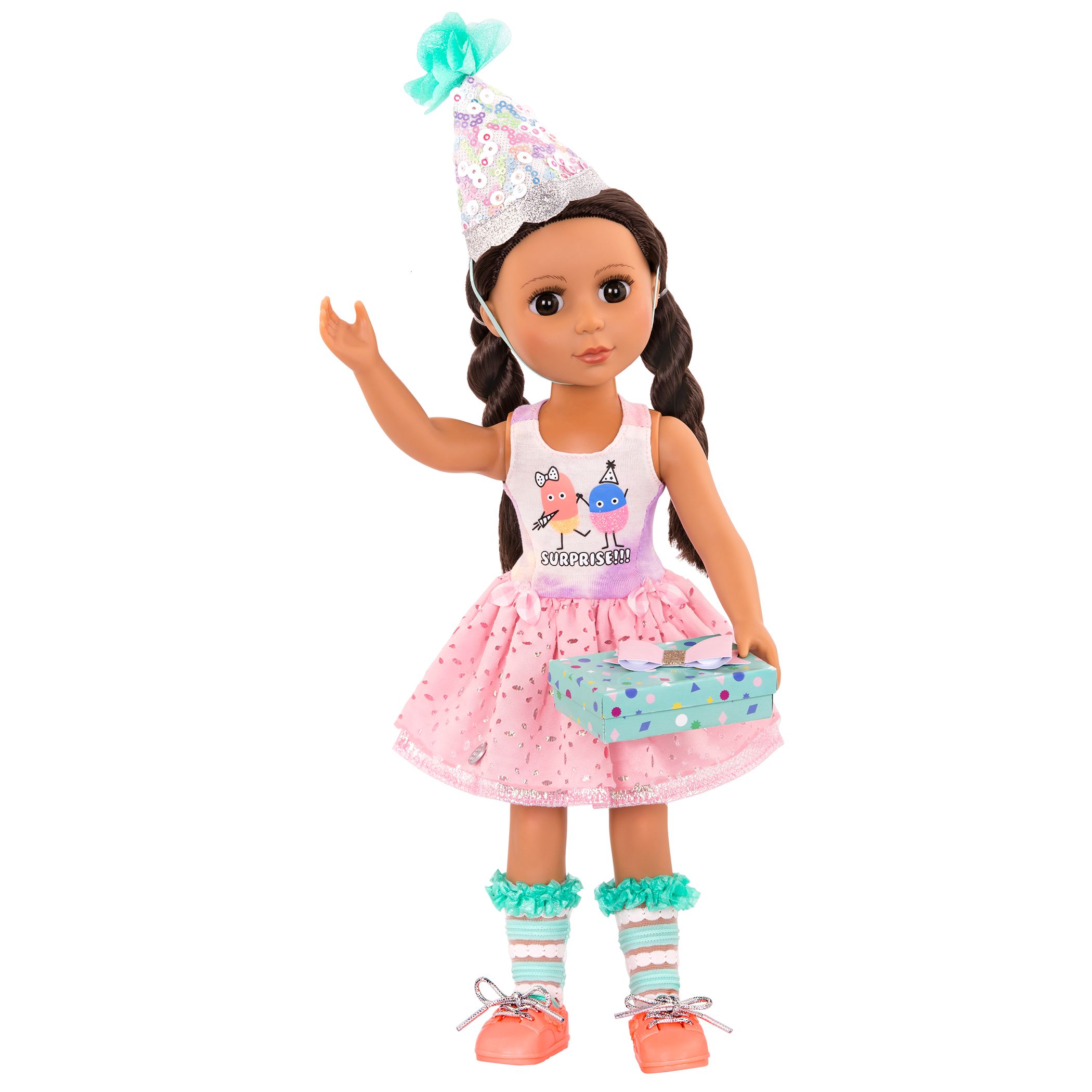 Surprise birthday outfit with gift for 14-inch doll