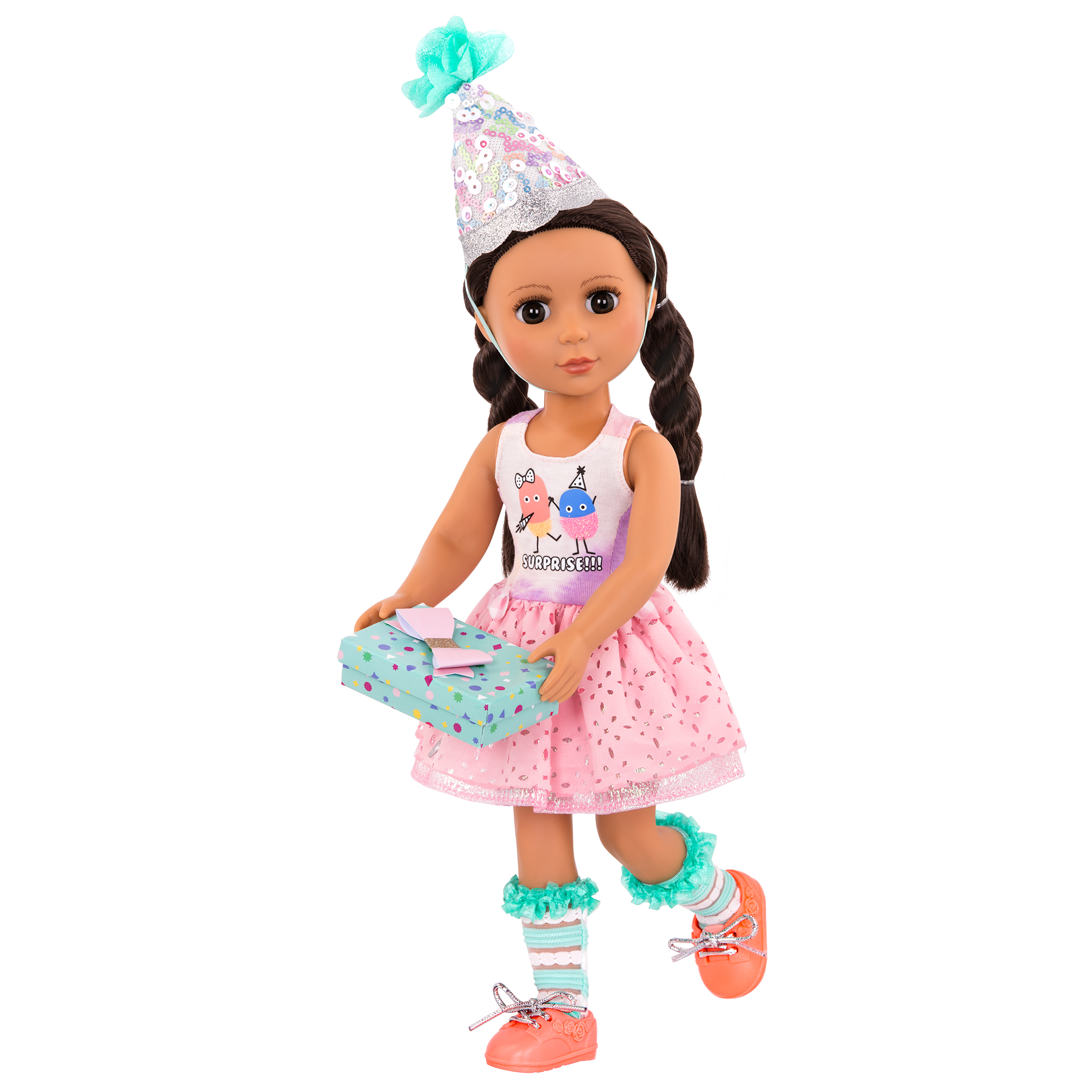 Surprise birthday outfit with gift for 14-inch doll