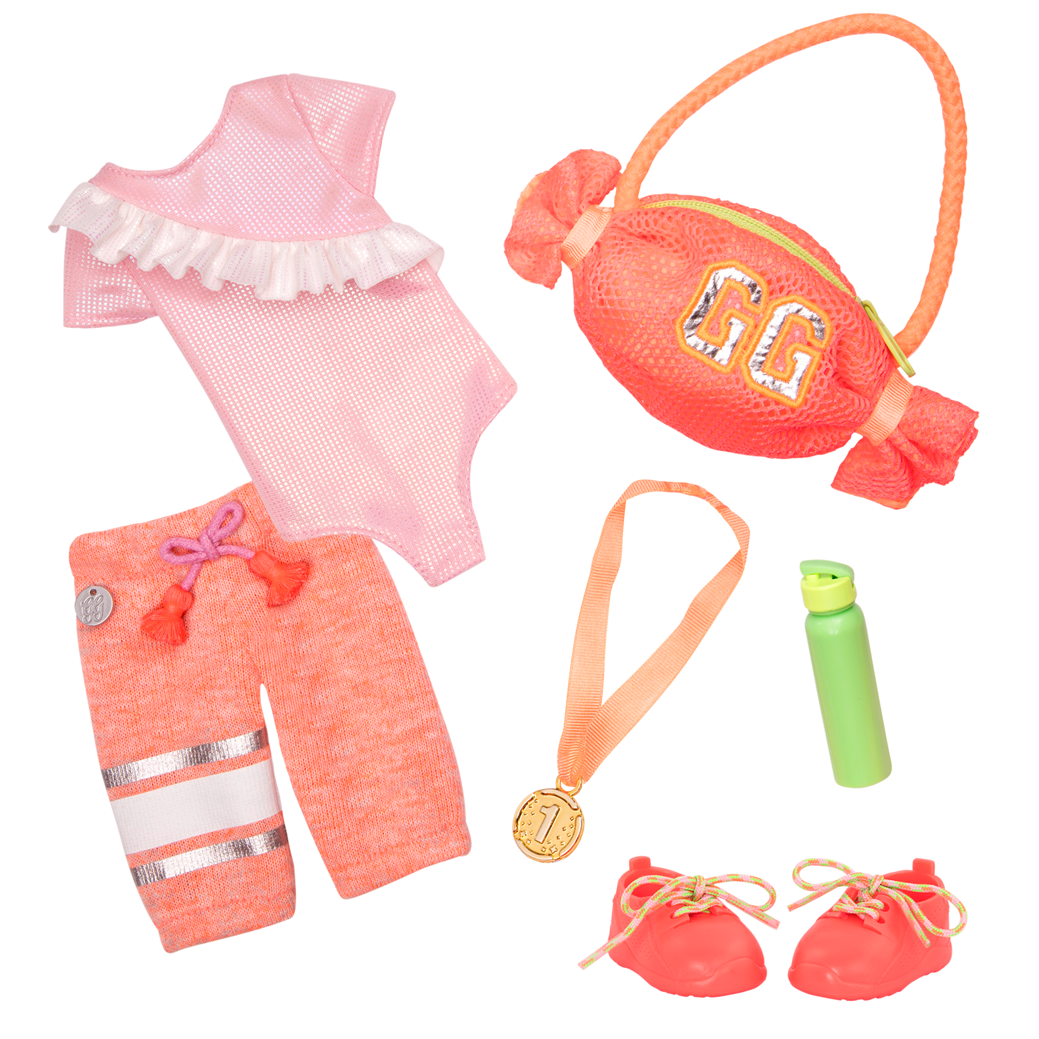 Gymnastic outfit with gym bag and medal for 14-inch doll