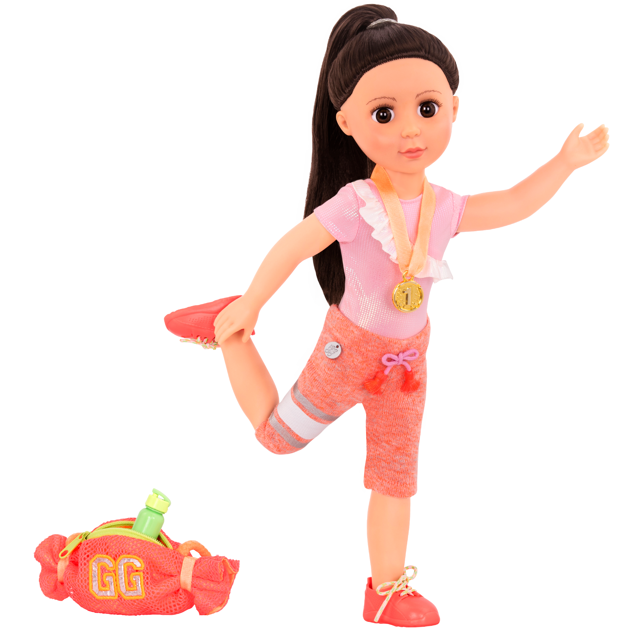 Gymnastic outfit with gym bag and medal for 14-inch doll