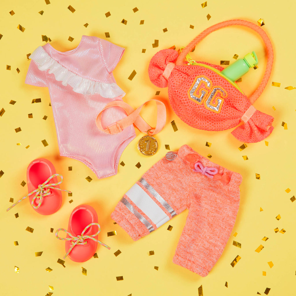 Gymnastic outfit with gym bag and medal for 14-inch doll