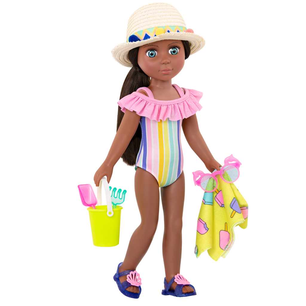 Rainbow swimsuit with beach accessories for 14-inch doll