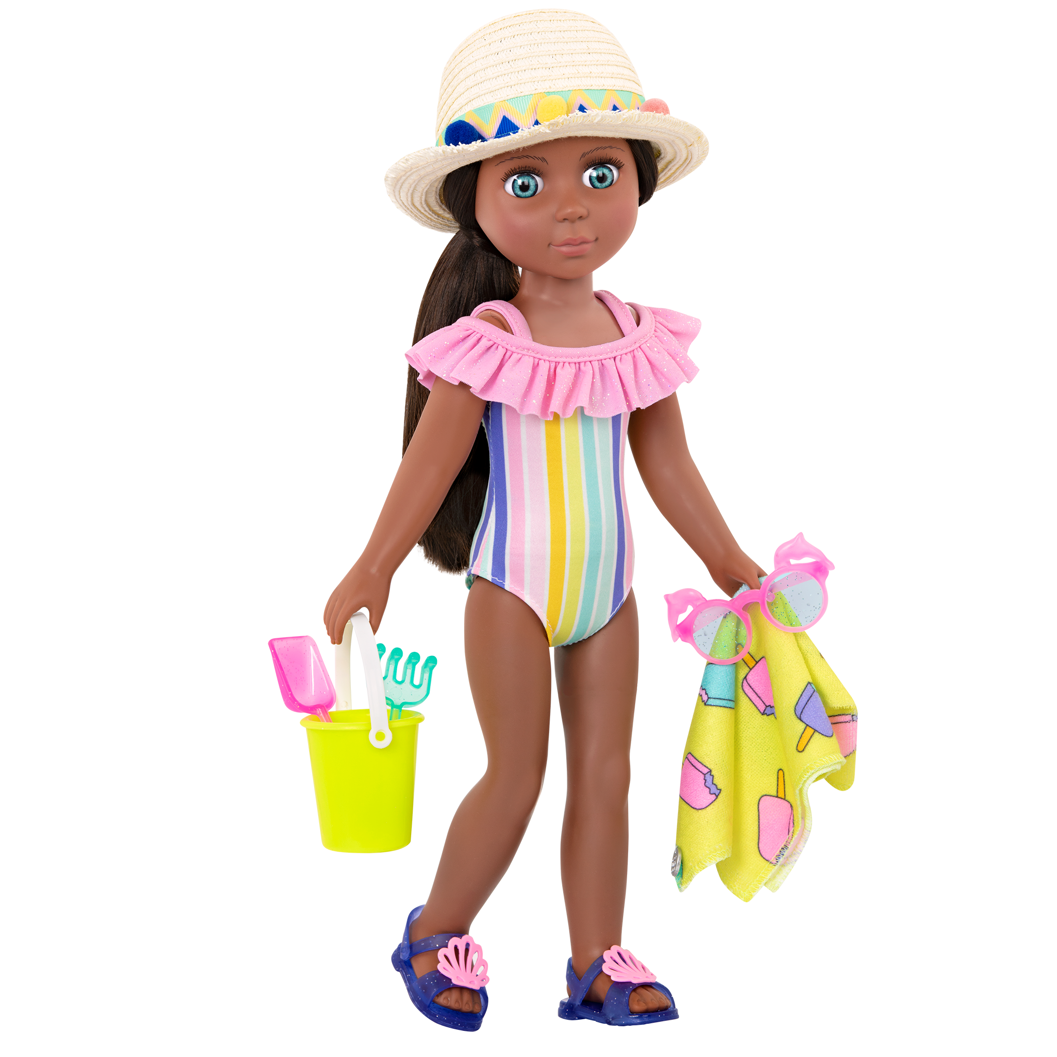 Rainbow swimsuit with beach accessories for 14-inch doll