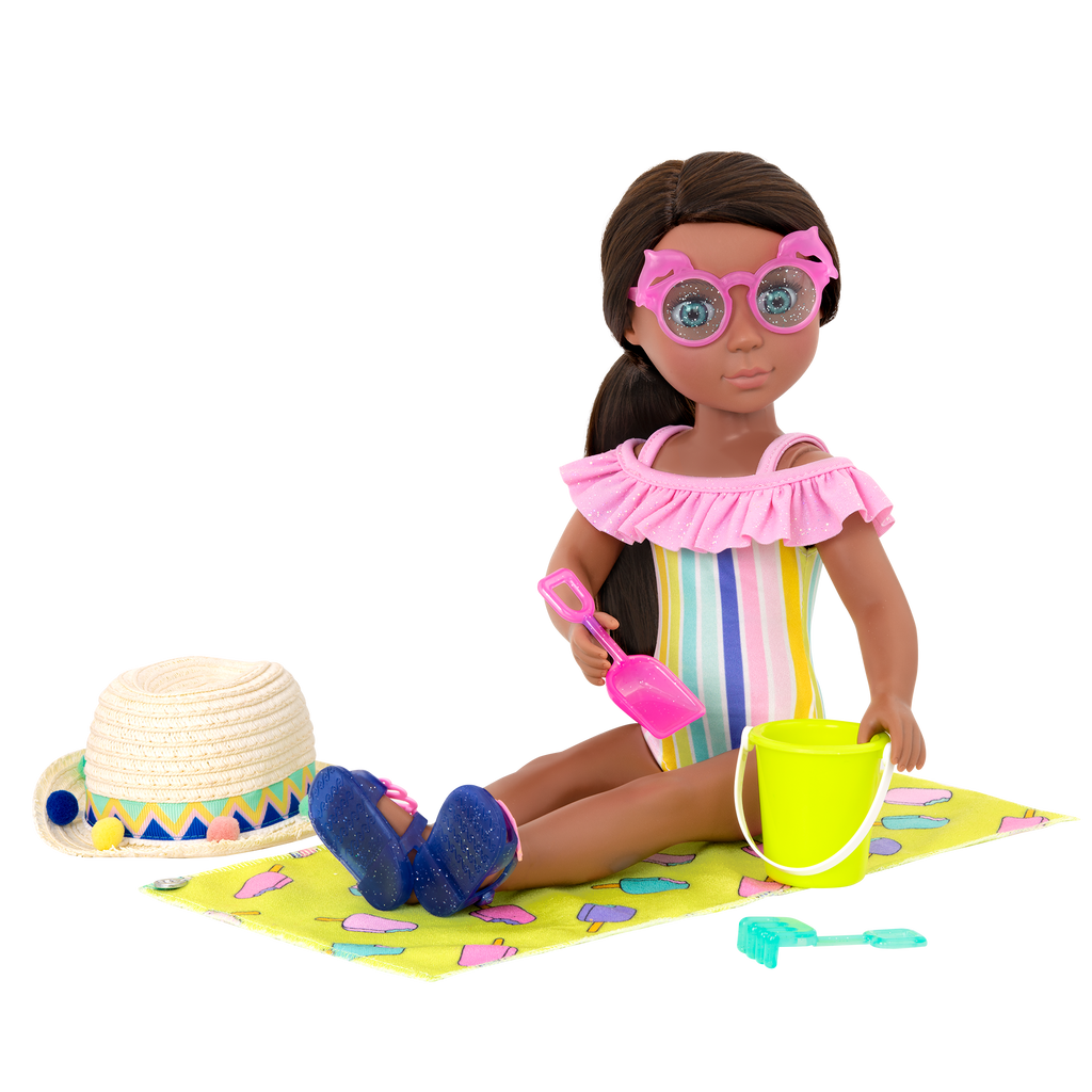 Rainbow swimsuit with beach accessories for 14-inch doll
