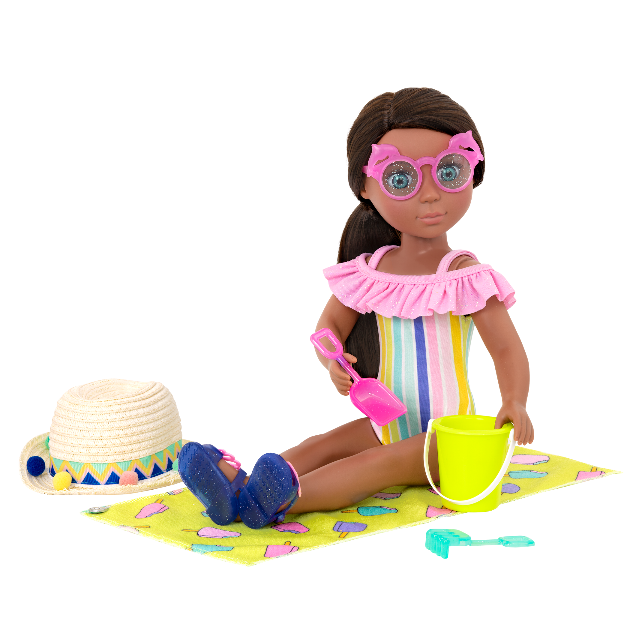 Rainbow swimsuit with beach accessories for 14-inch doll