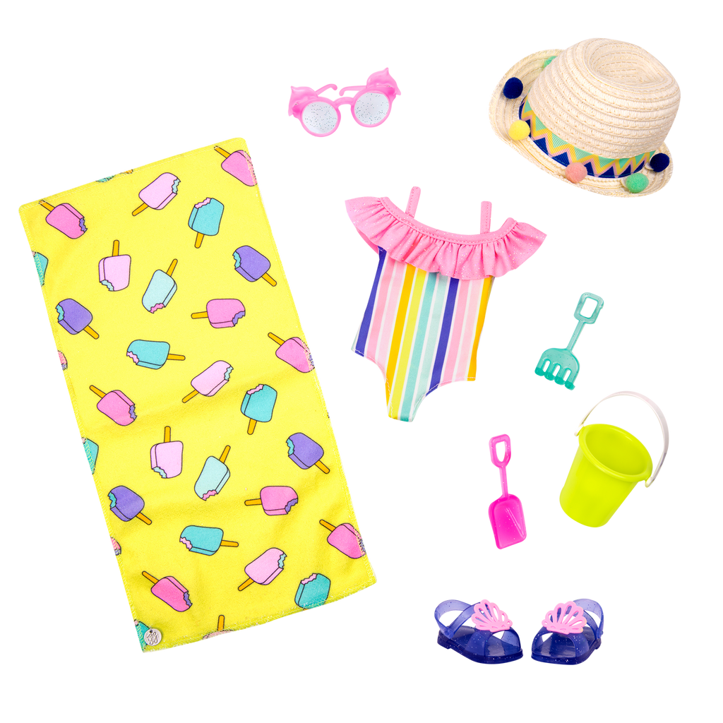 Rainbow swimsuit with beach accessories for 14-inch doll