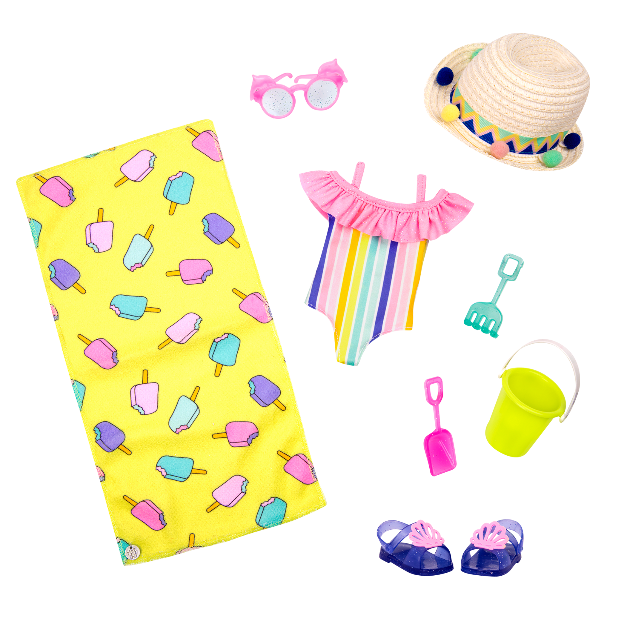Rainbow swimsuit with beach accessories for 14-inch doll