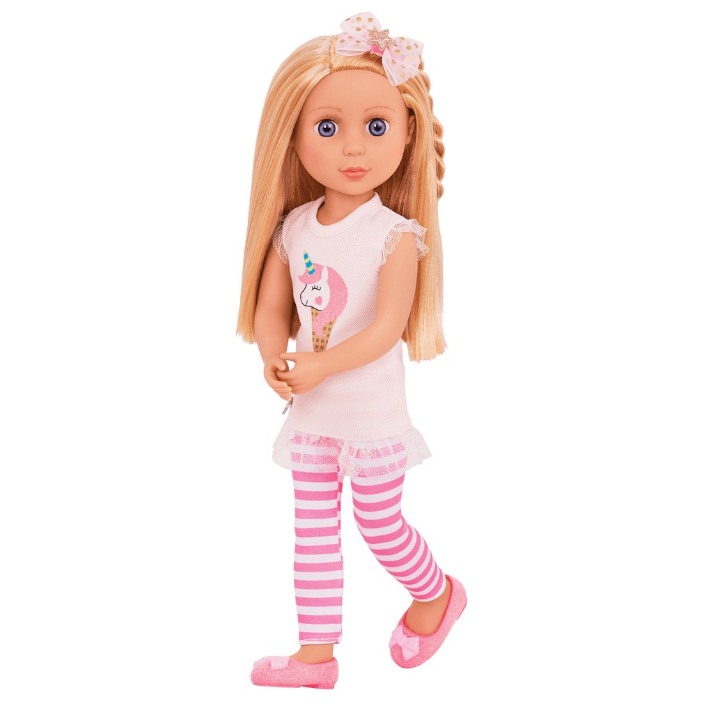 14-inch posable doll with blonde hair and purple eyes