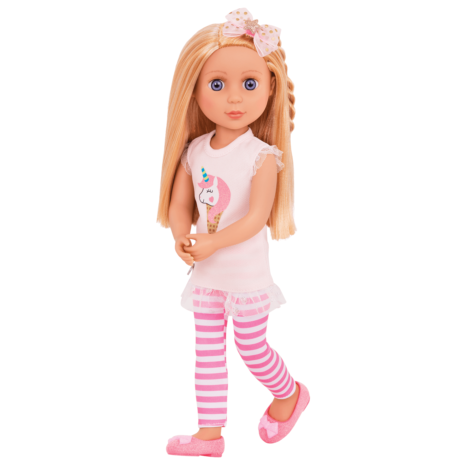 14-inch posable doll with blonde hair and purple eyes
