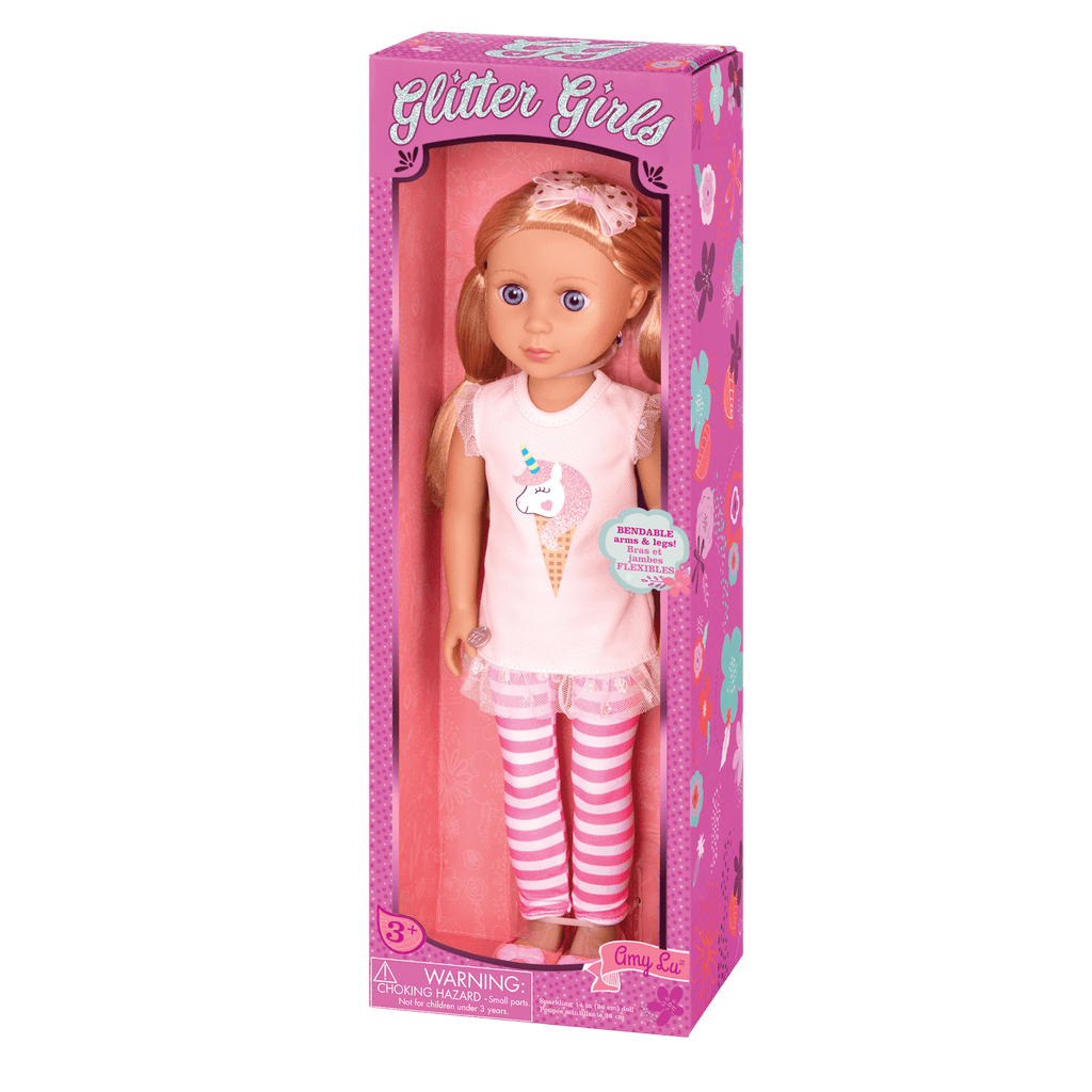 14-inch posable doll with blonde hair and purple eyes