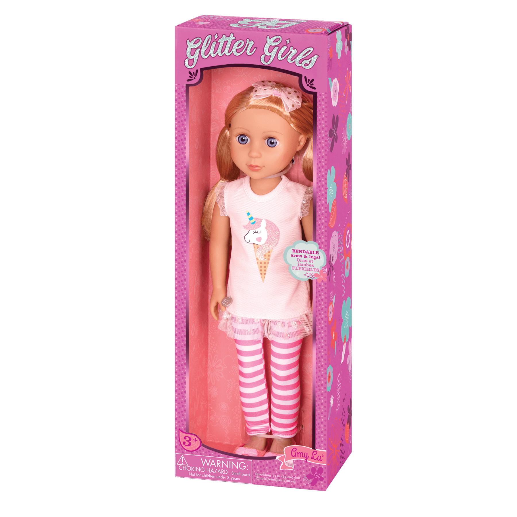 14-inch posable doll with blonde hair and purple eyes