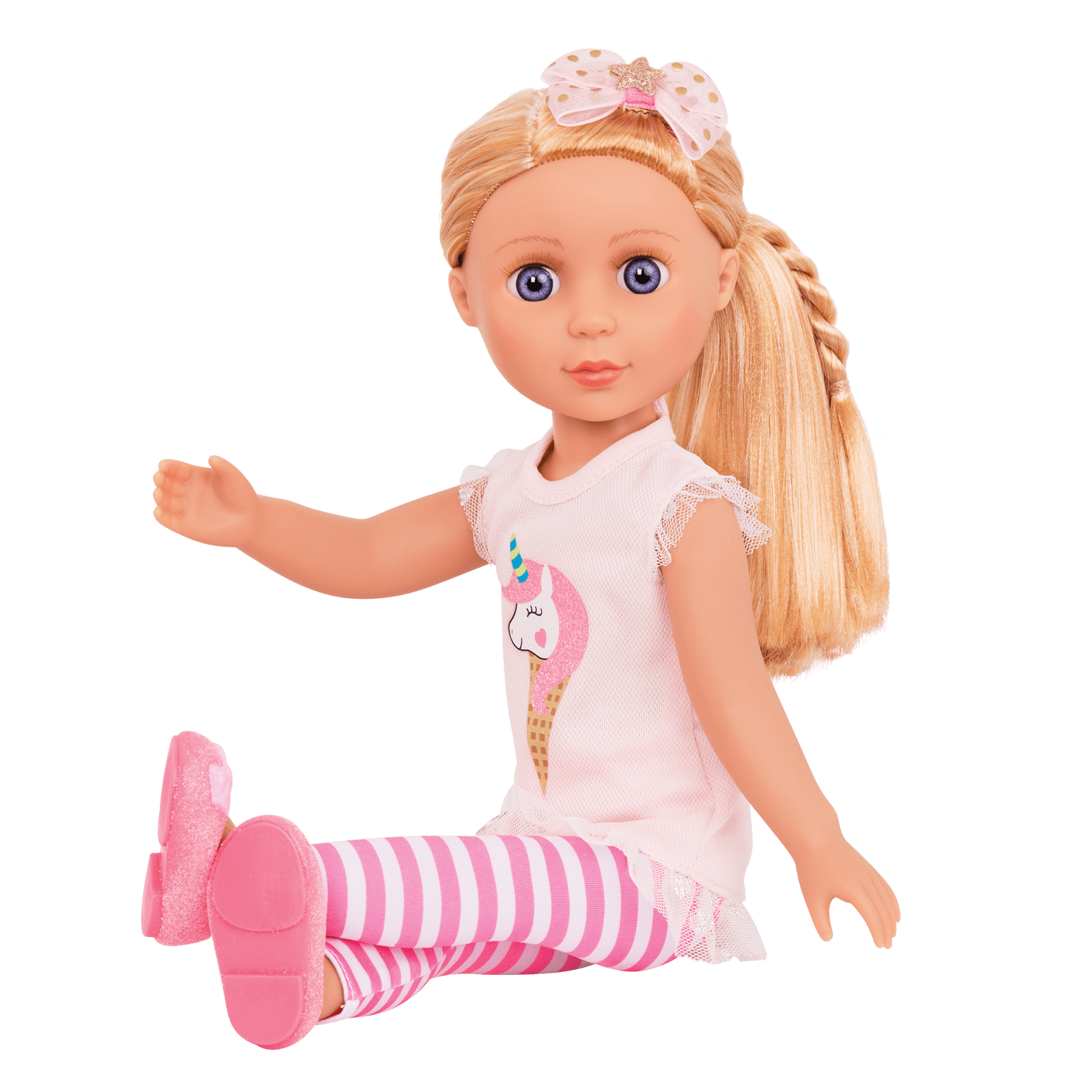 14-inch posable doll with blonde hair and purple eyes
