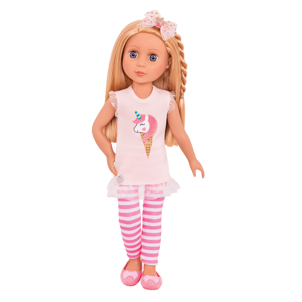 14-inch posable doll with blonde hair and purple eyes