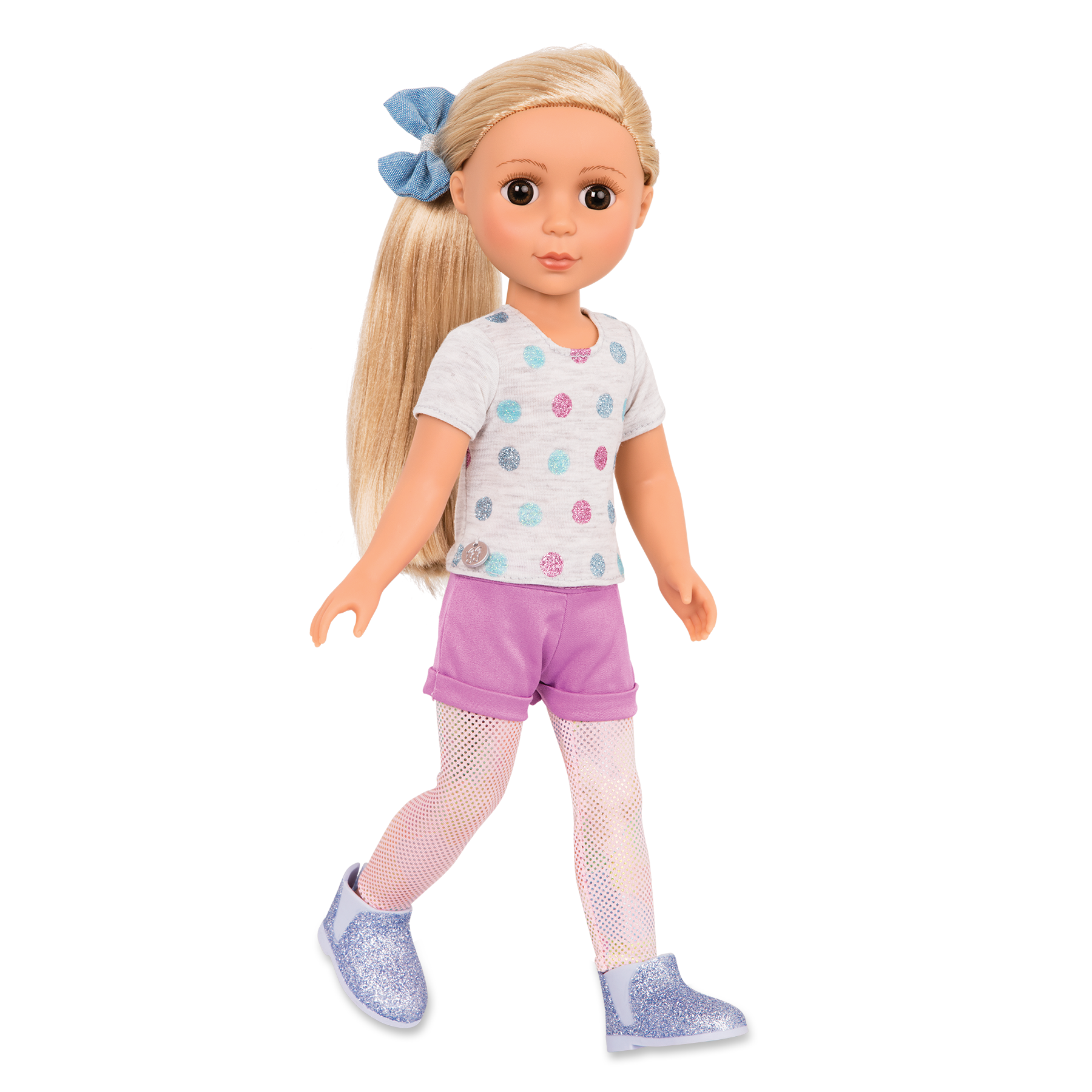 14-inch posable doll with blonde hair and brown eyes