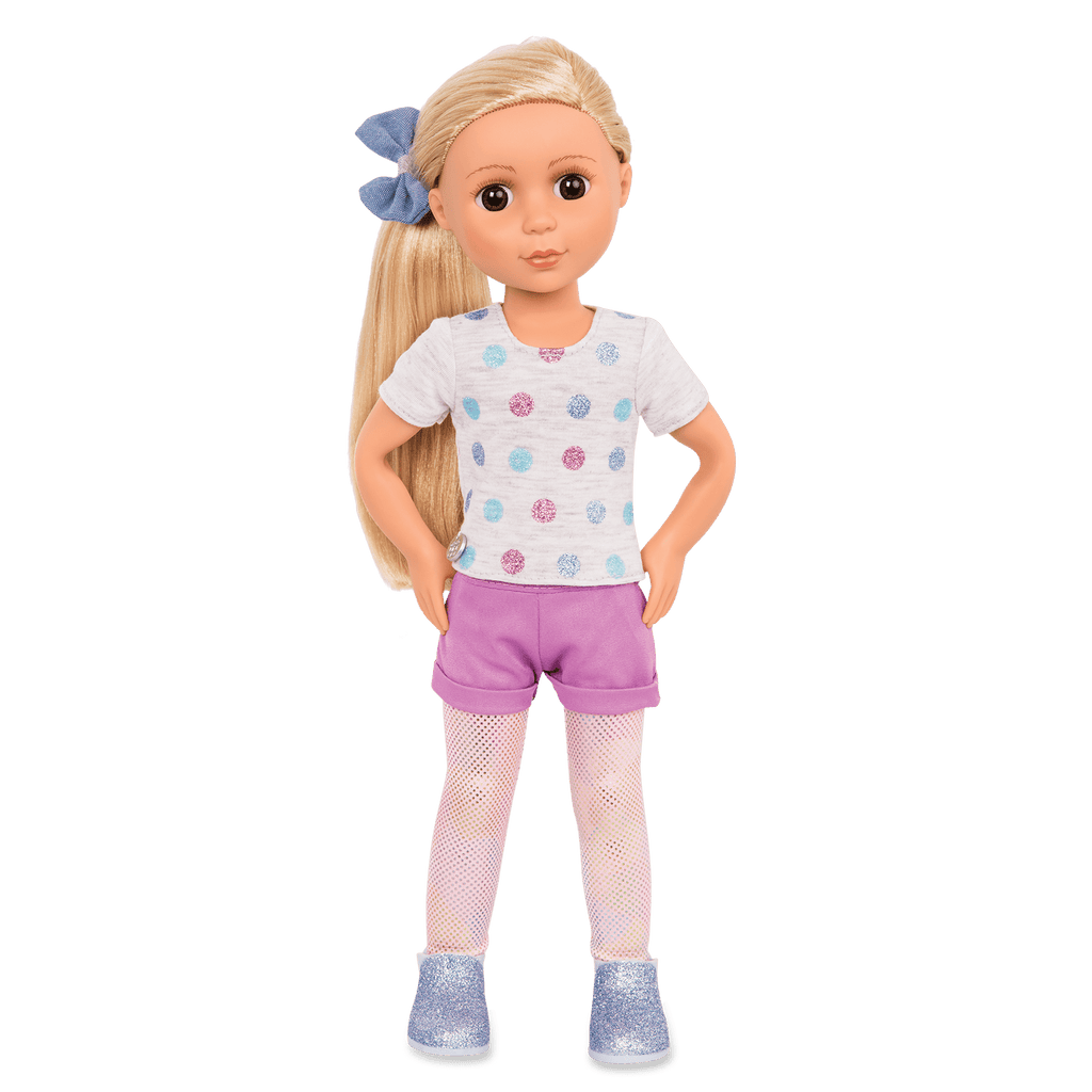 14-inch posable doll with blonde hair and brown eyes