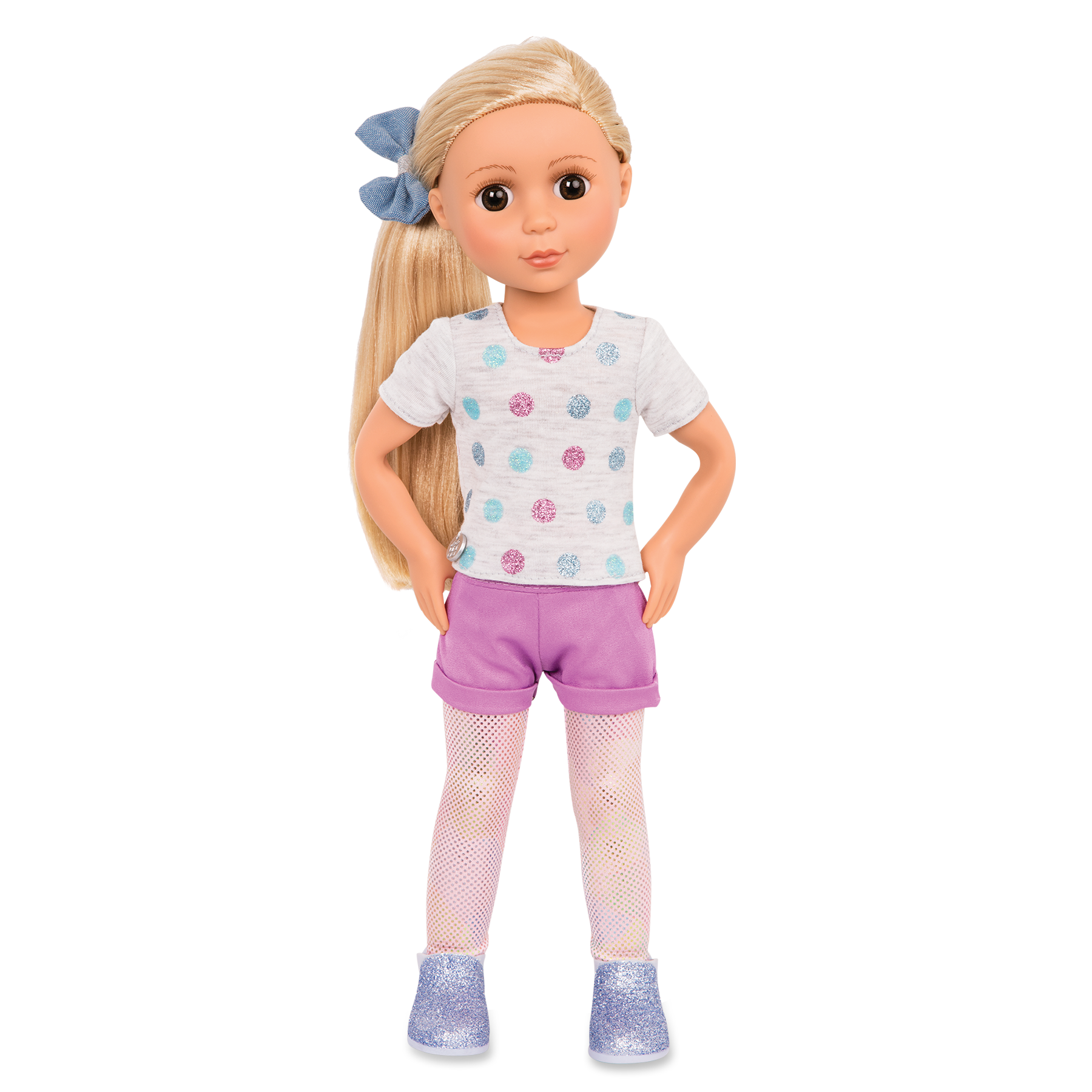 14-inch posable doll with blonde hair and brown eyes