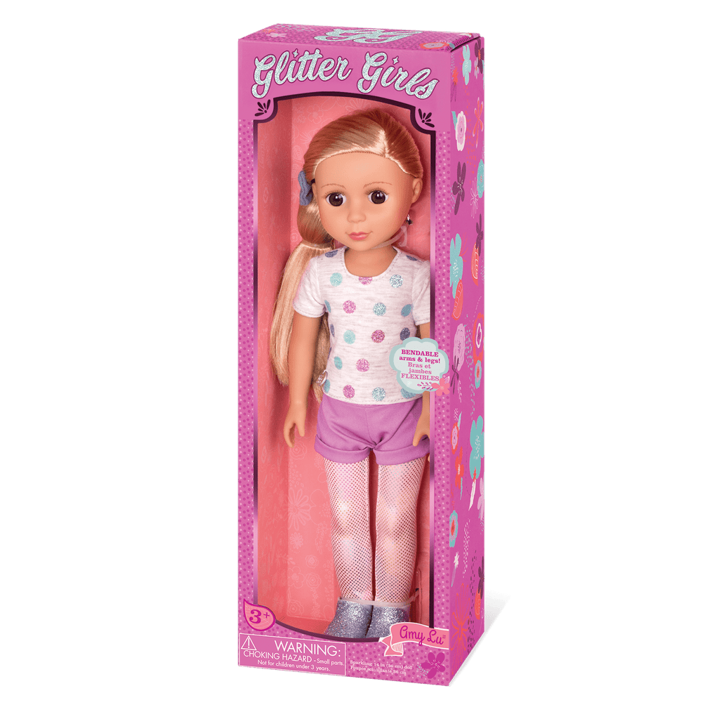 14-inch posable doll with blonde hair and brown eyes