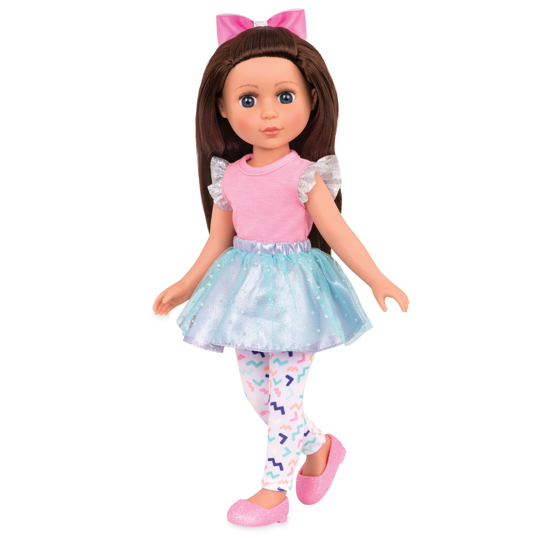 14-inch posable doll with brown hair and blue eyes