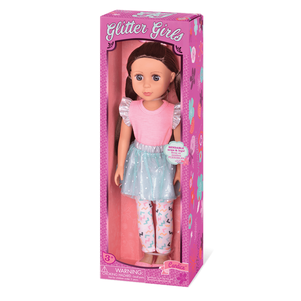 14-inch posable doll with brown hair and blue eyes