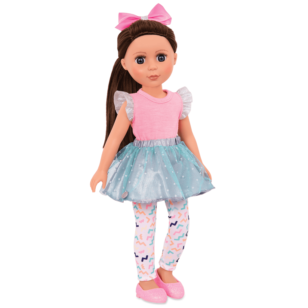 14-inch posable doll with brown hair and blue eyes