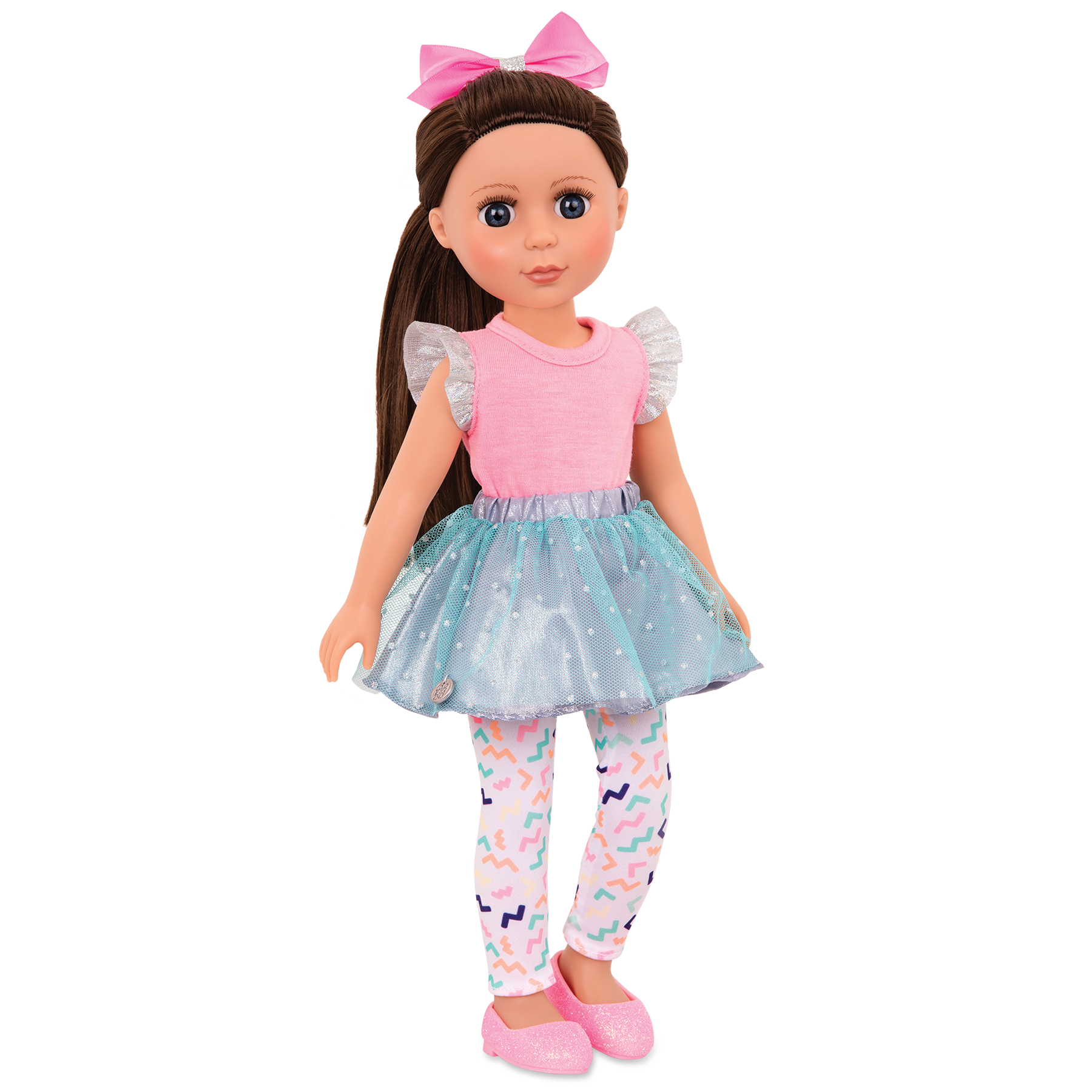 14-inch posable doll with brown hair and blue eyes