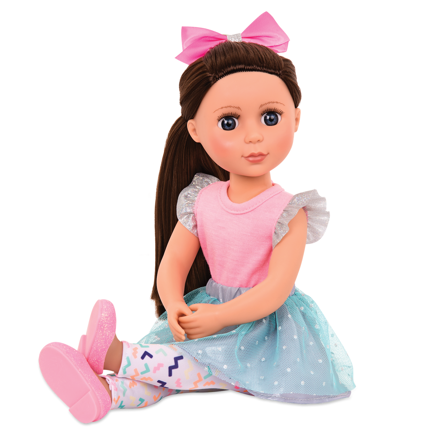 14-inch posable doll with brown hair and blue eyes