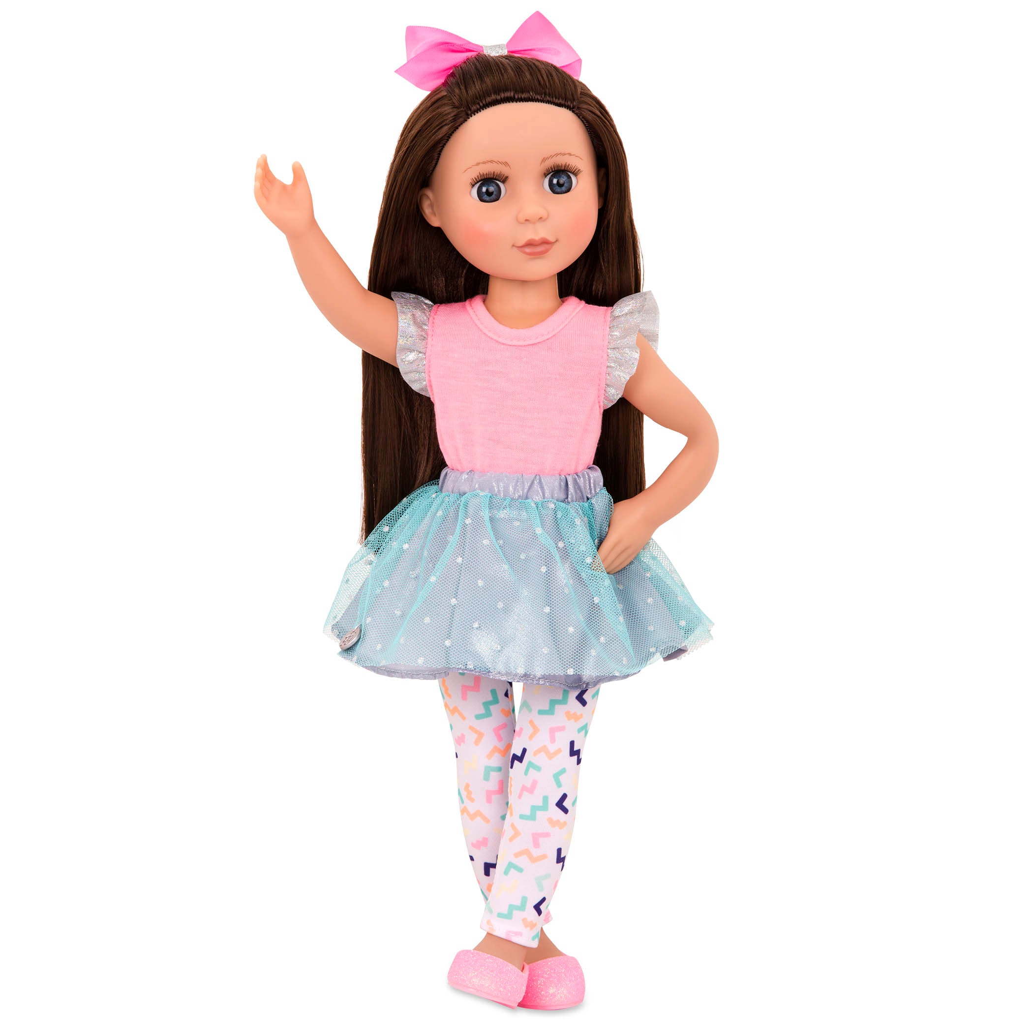 14-inch posable doll with brown hair and blue eyes