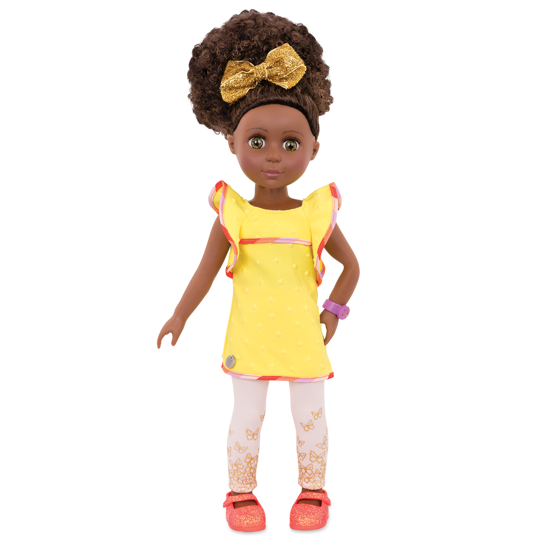 14-inch posable doll with brown hair and hazel eyes