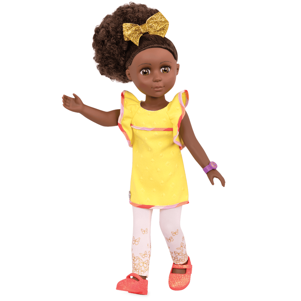 14-inch posable doll with brown hair and hazel eyes