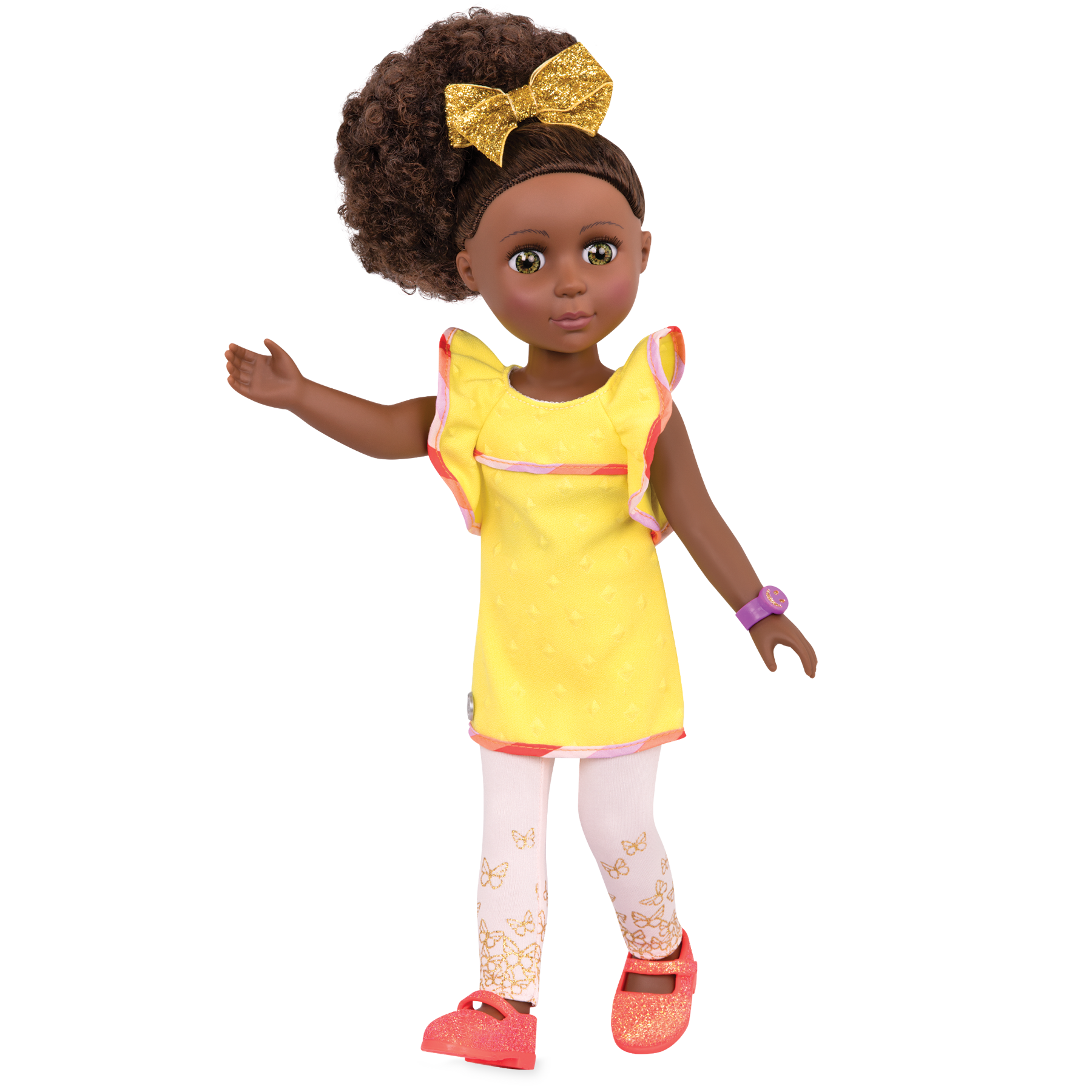 14-inch posable doll with brown hair and hazel eyes