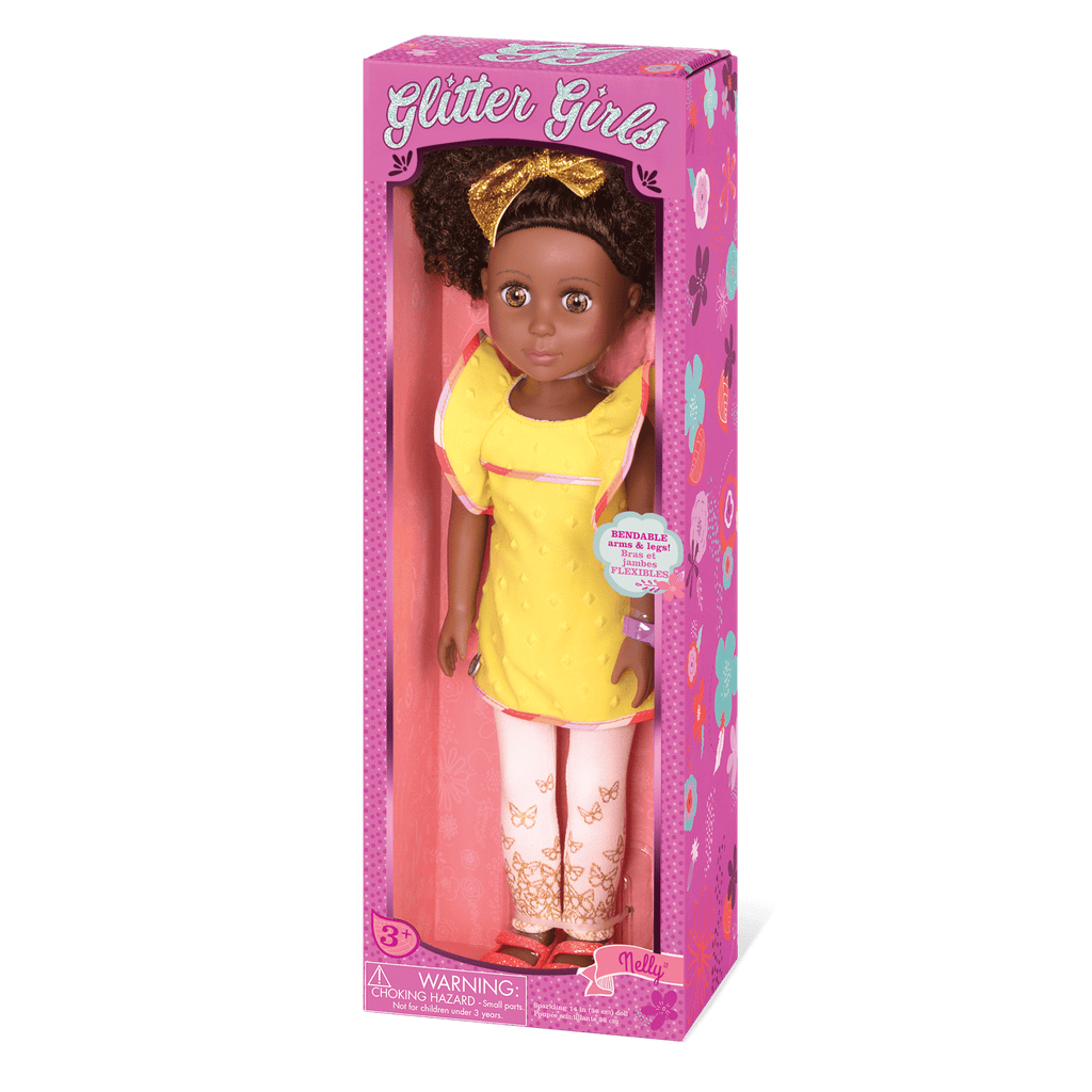 14-inch posable doll with brown hair and hazel eyes