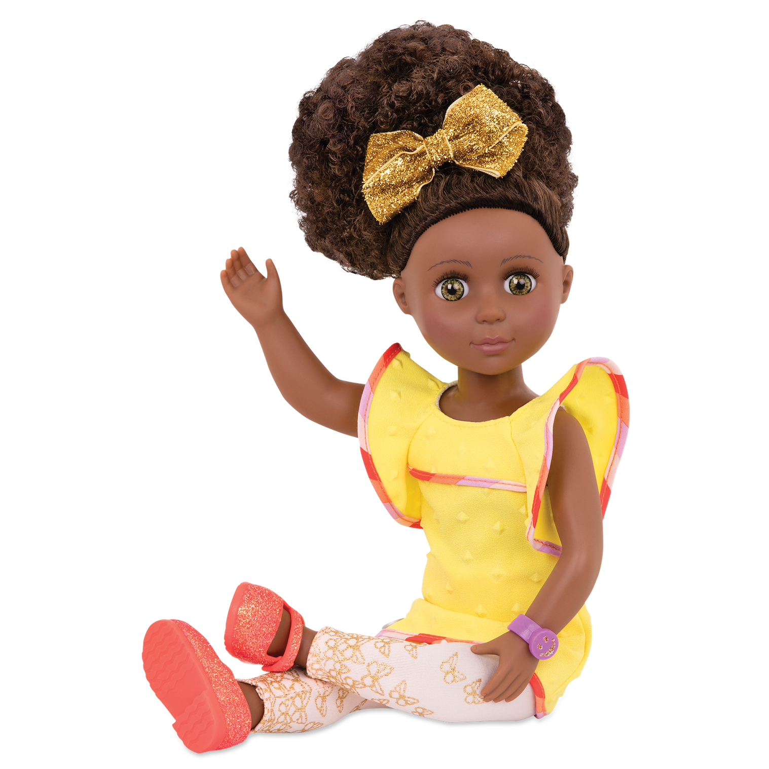 14-inch posable doll with brown hair and hazel eyes