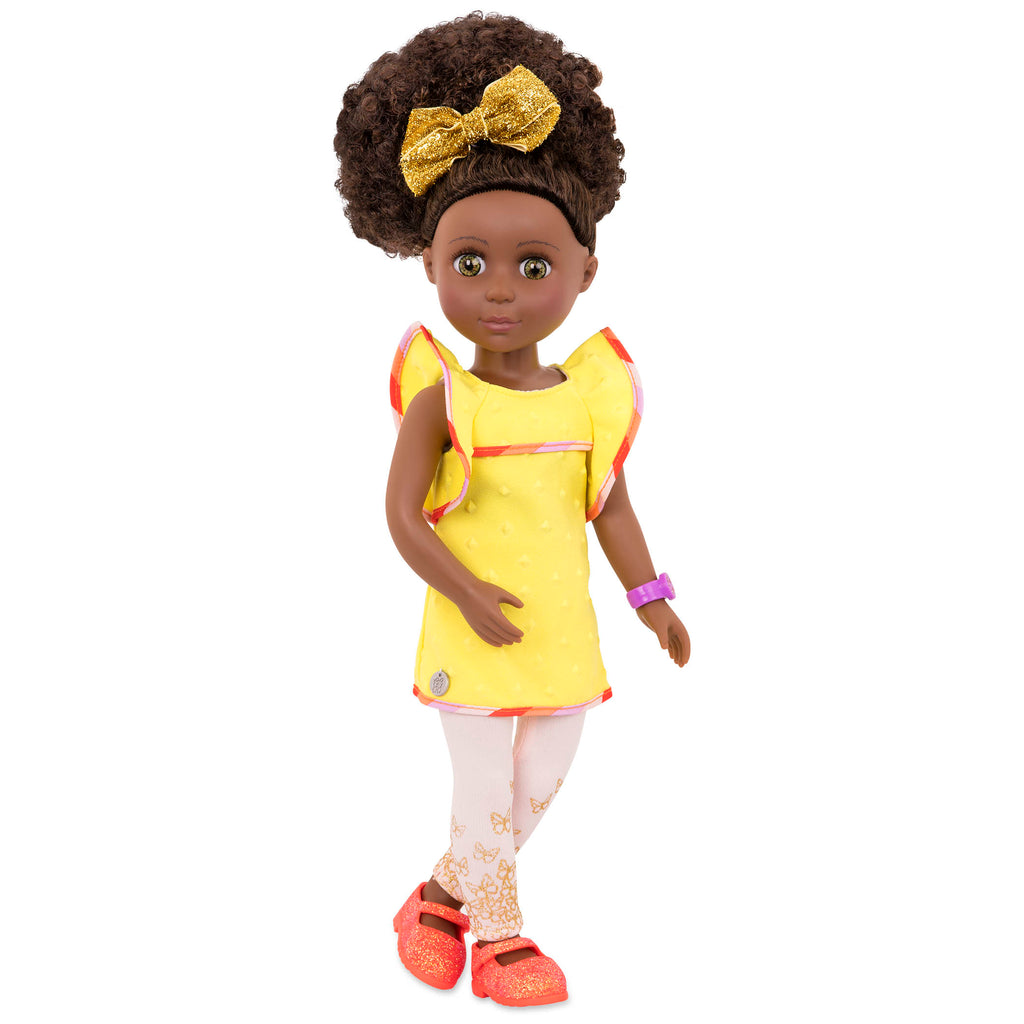14-inch posable doll with brown hair and hazel eyes