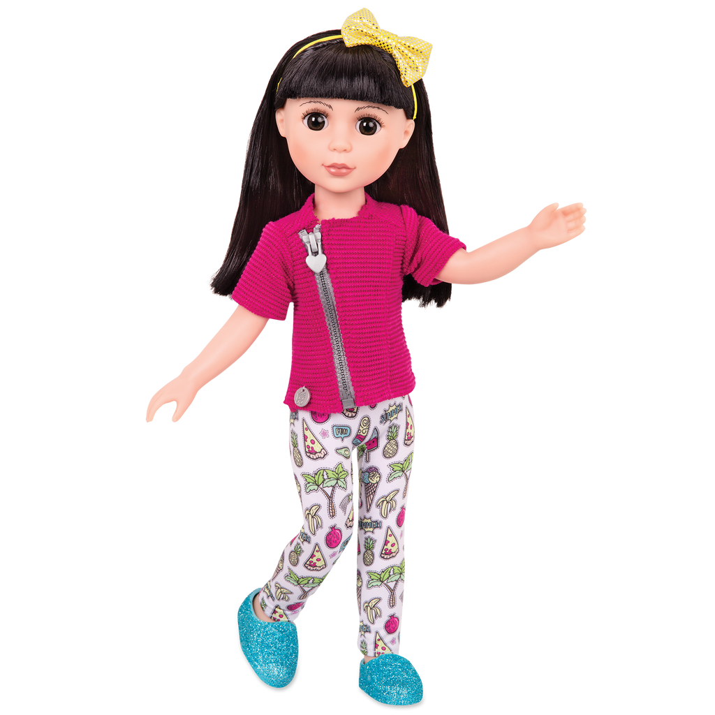 14-inch posable doll with black hair and brown eyes