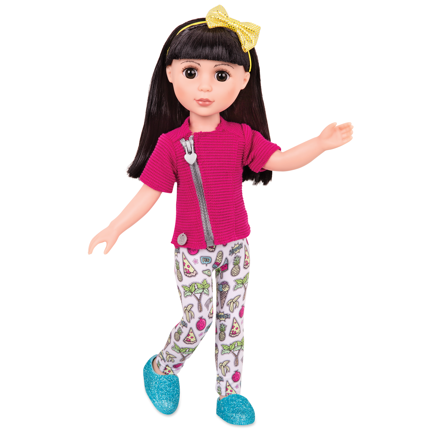 14-inch posable doll with black hair and brown eyes
