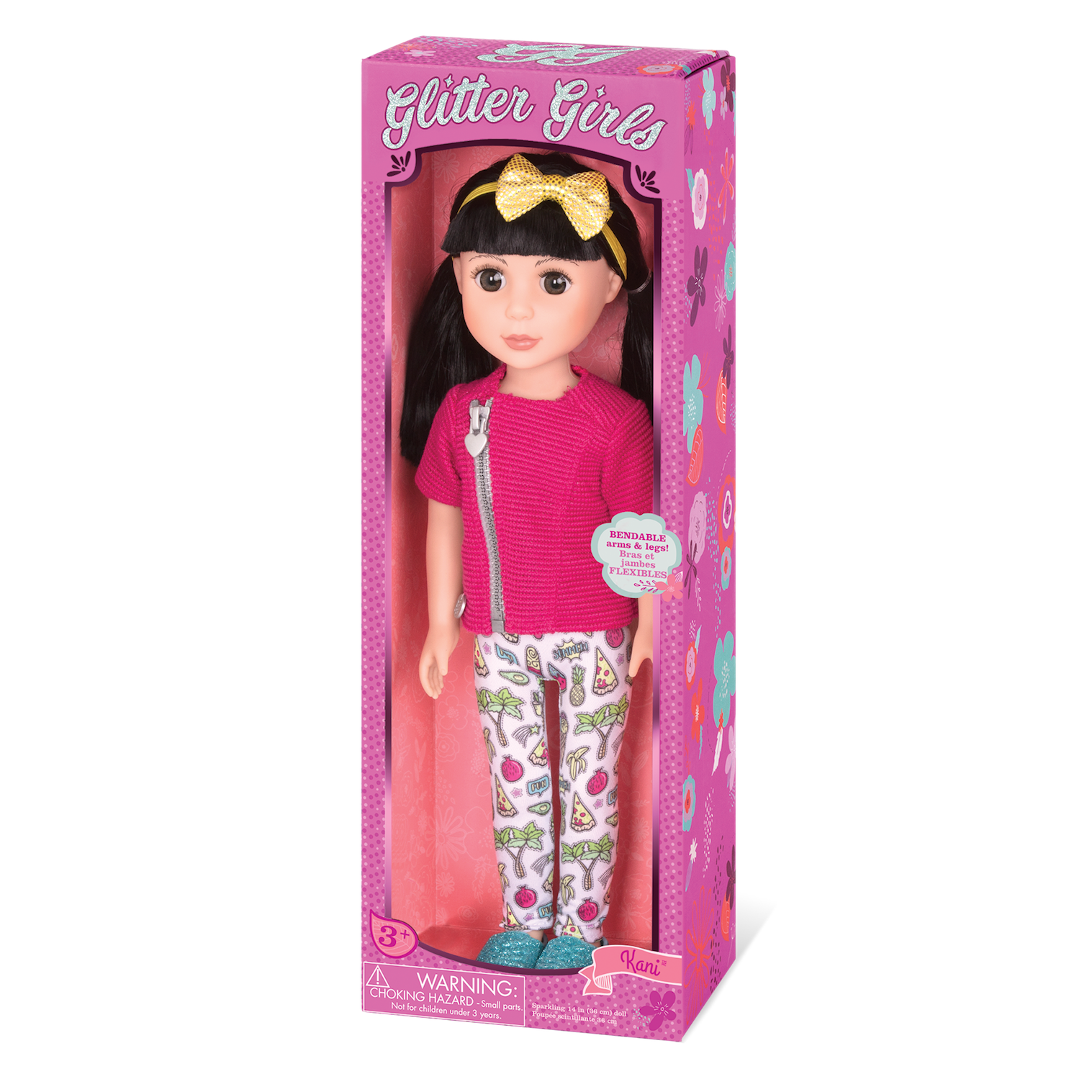 14-inch posable doll with black hair and brown eyes