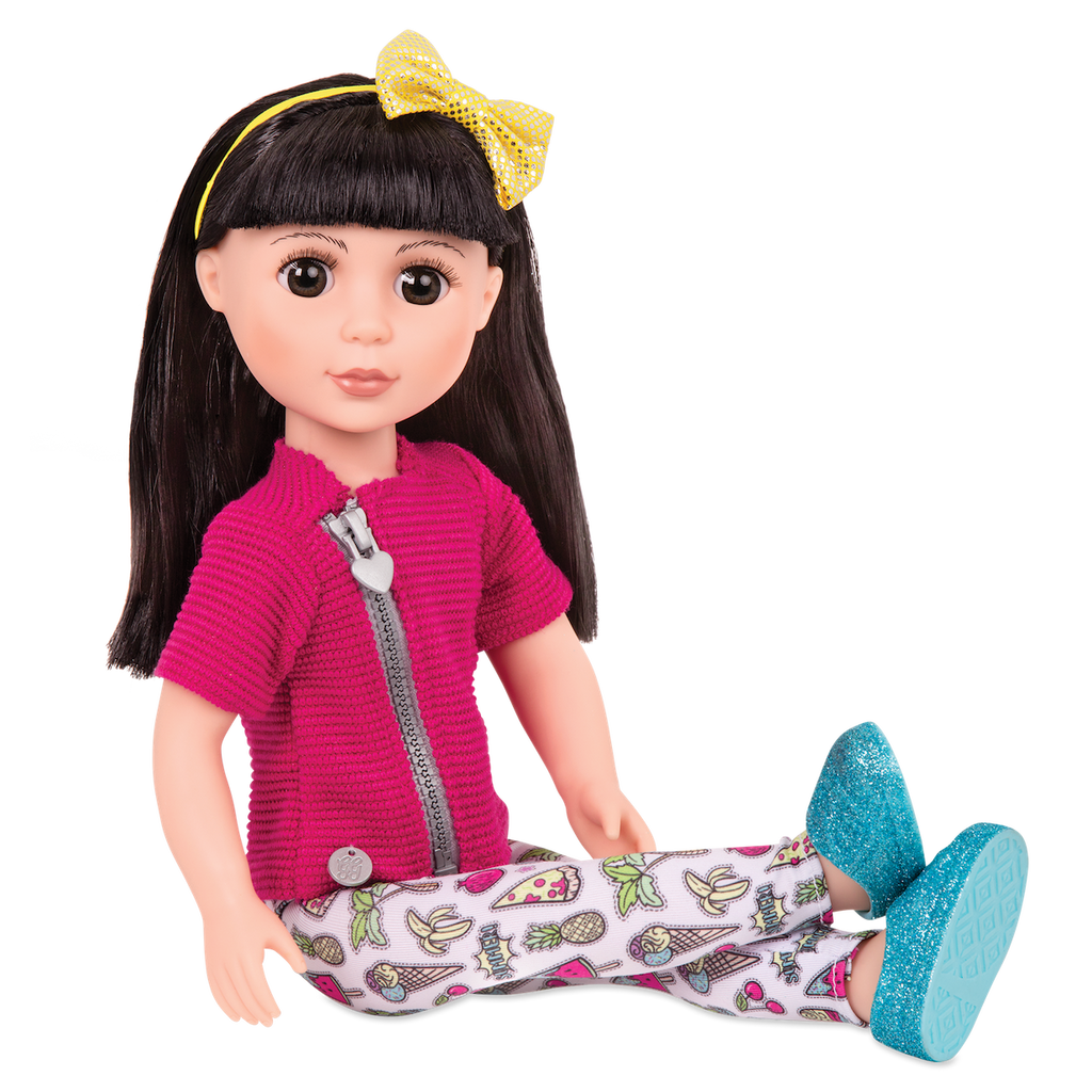 14-inch posable doll with black hair and brown eyes