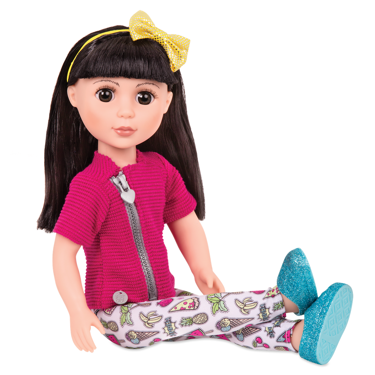 14-inch posable doll with black hair and brown eyes