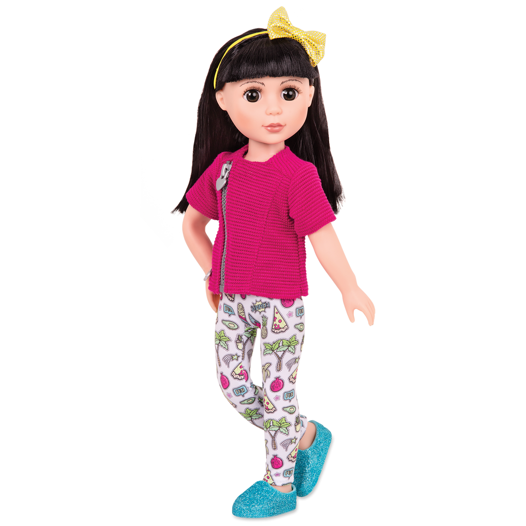 14-inch posable doll with black hair and brown eyes