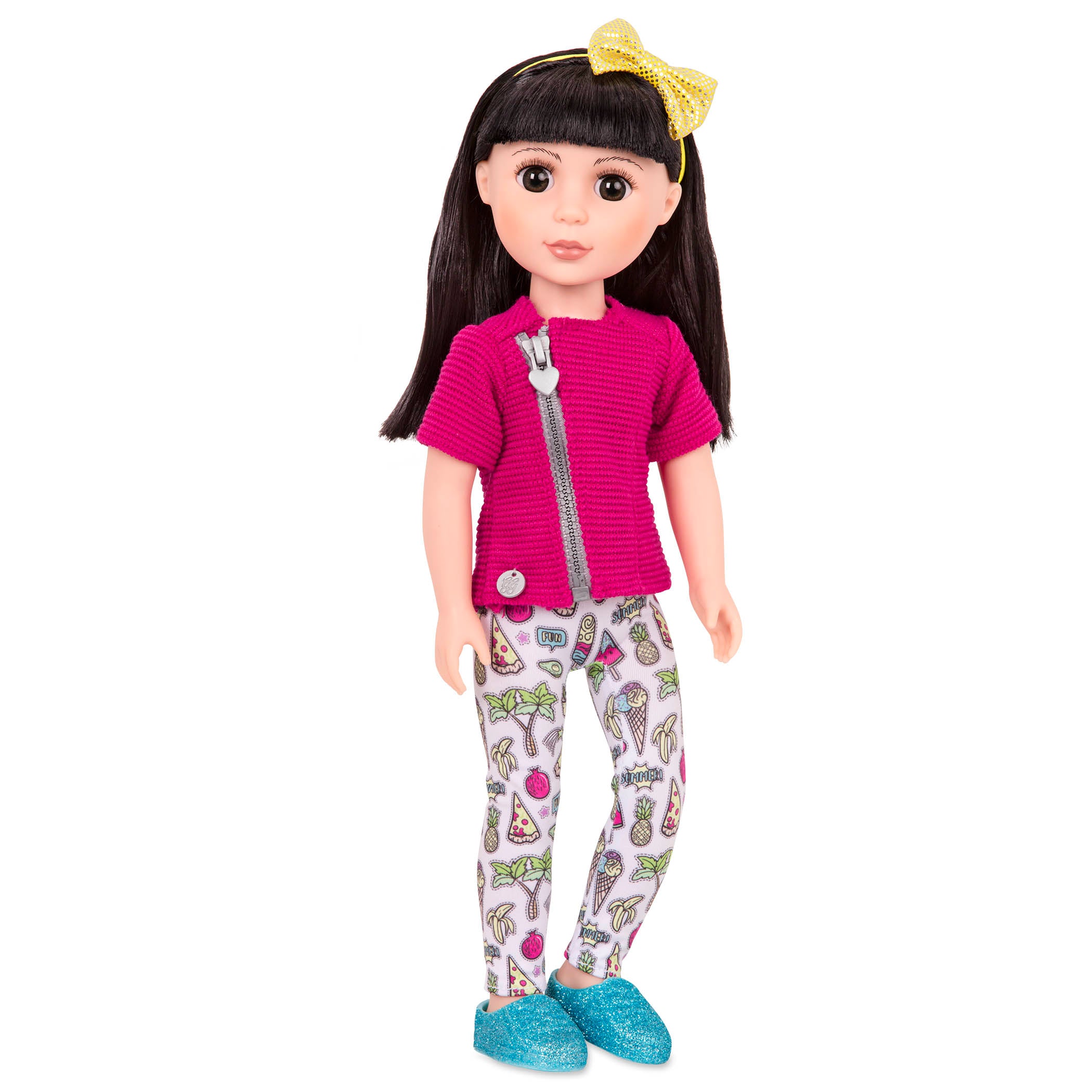 14-inch posable doll with black hair and brown eyes