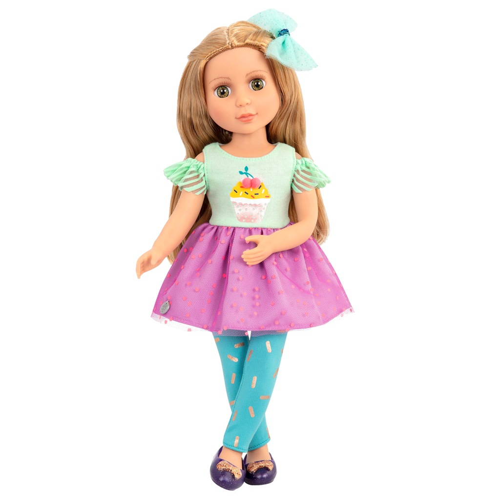14-inch posable doll with blonde hair and green eyes