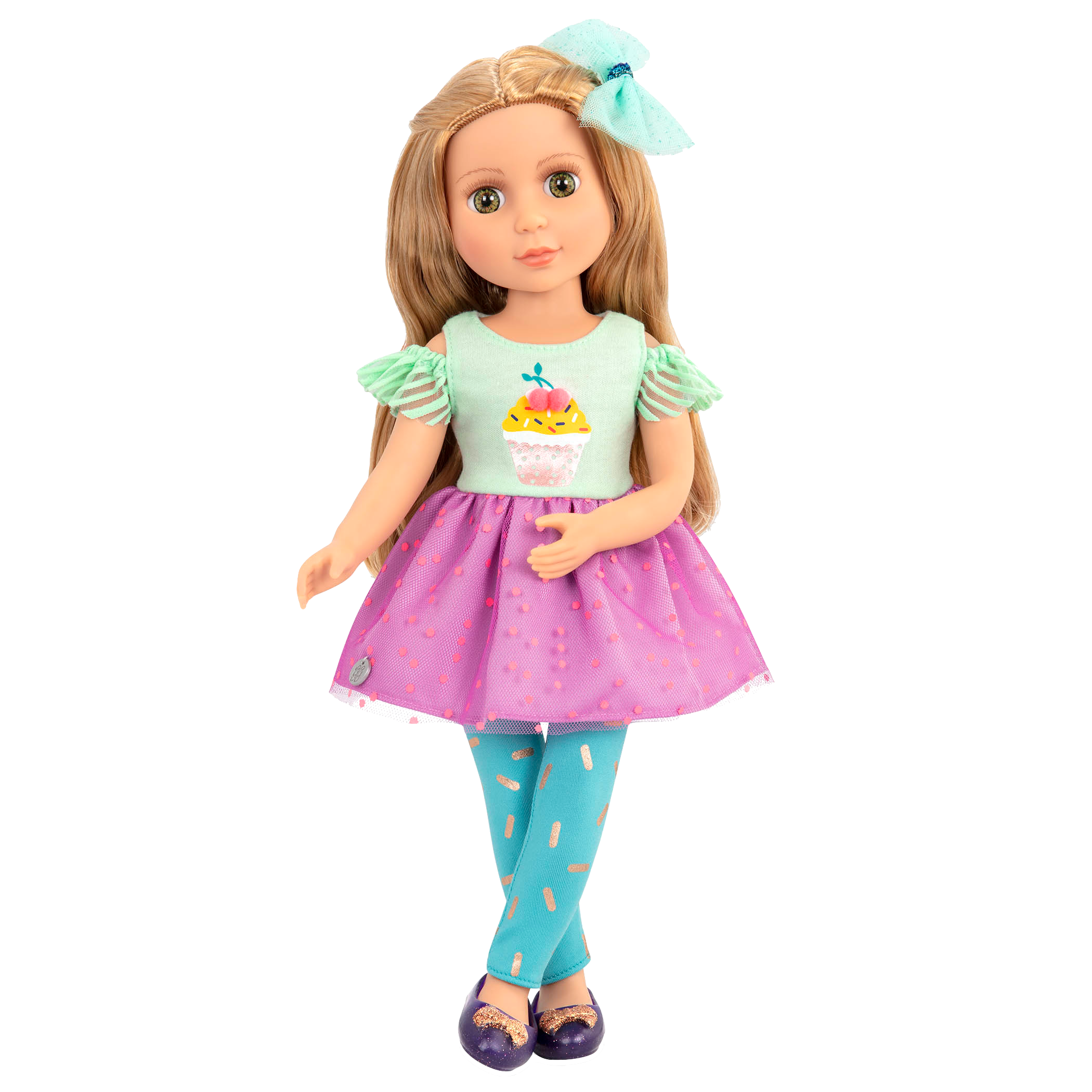 14-inch posable doll with blonde hair and green eyes