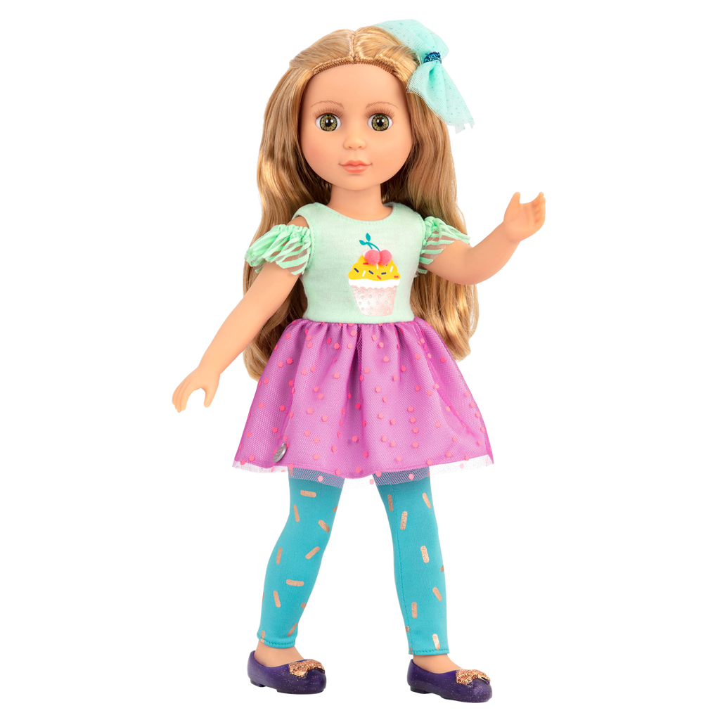 14-inch posable doll with blonde hair and green eyes