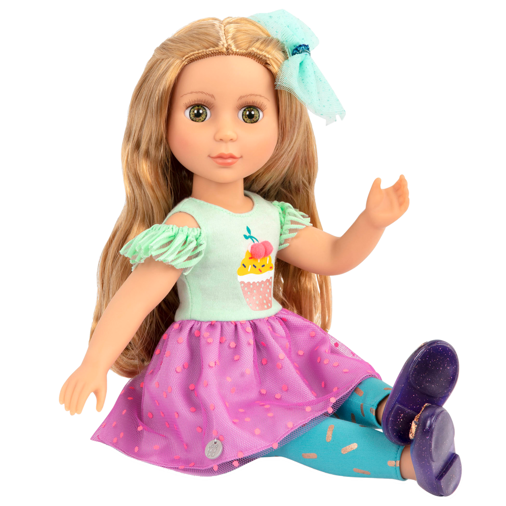 14-inch posable doll with blonde hair and green eyes
