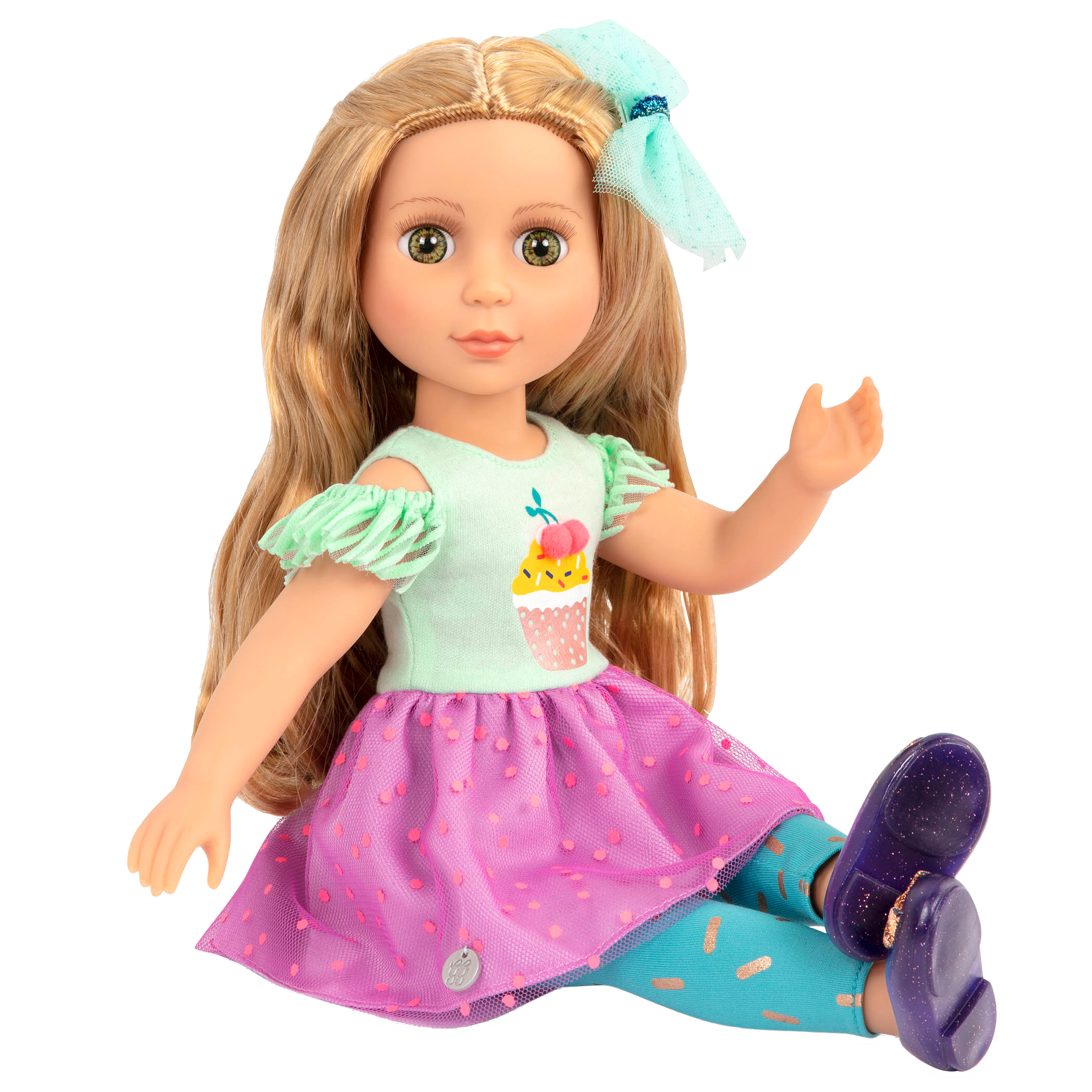 14-inch posable doll with blonde hair and green eyes